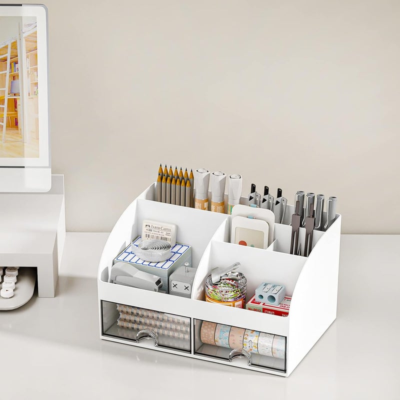COMFYROOM Desk Organizer with 6 Compartments and 2 Drawers, Plastic Makeup Organizer, Pen Holder for Desktop Storage, Desk Organization for School, Home, Office Supplies (White) - Image 4
